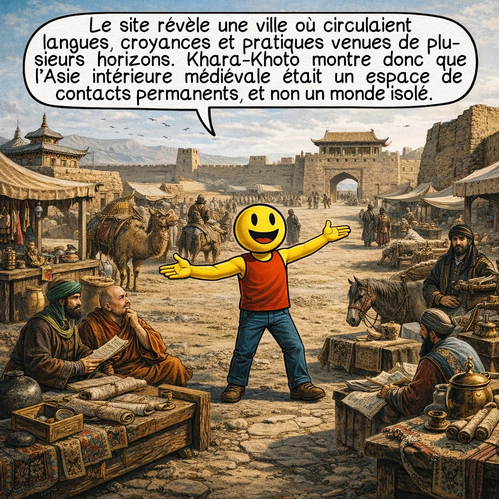 Khara-Khoto, case 8 : Le site révèle une ville où circulaient langues, croyances et pratiques venues de plusieurs horizons. Khara-Khoto montre donc que l’Asie intérieure médiévale était un espace de contacts permanents, et non un monde isolé.