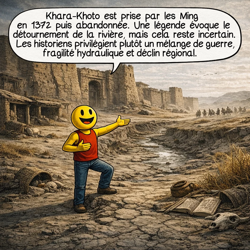 Khara-Khoto, case 9 : Khara-Khoto est prise par les Ming en 1372, puis abandonnée. Une légende raconte qu’on aurait détourné la rivière pour la condamner, mais cette version reste incertaine : les historiens privilégient une combinaison de guerre, fragilité hydraulique et déclin régional.