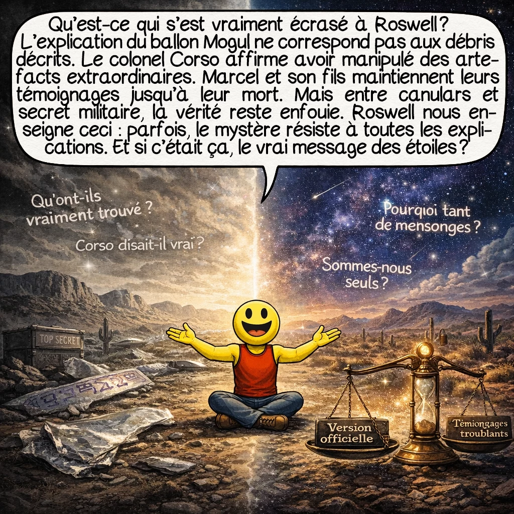 L’affaire de Roswell, case 10 : Alors, qu’est-ce qui s’est vraiment écrasé à Roswell ? L’explication du ballon Mogul ne correspond pas aux débris décrits. Le colonel Corso affirme avoir manipulé des artefacts extraordinaires. Marcel et son fils maintiennent leurs témoignages jusqu’à leur mort. Mais entre canulars comme l’autopsie de Santilli et secret militaire, la vérité reste enfouie. Roswell nous enseigne ceci : parfois, le mystère résiste à toutes les explications. Et si c’était ça, le vrai message des étoiles ? À bientôt !