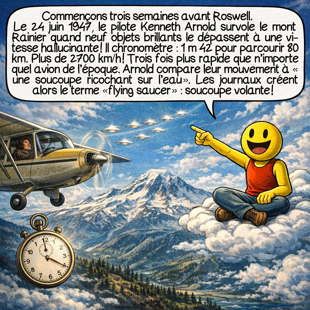 L’affaire de Roswell, case 2 : Mais commençons trois semaines avant Roswell. Le 24 juin 1947, le pilote Kenneth Arnold survole le mont Rainier quand neuf objets brillants le dépassent à une vitesse hallucinante ! Il chronomètre : 1 minute 42 pour parcourir 80 kilomètres. Plus de 2700 km/h ! Trois fois plus rapide que n’importe quel avion de l’époque. Arnold compare leur mouvement à « une soucoupe ricochant sur l’eau ». Les journaux créent alors le terme « flying saucer » : soucoupe volante !