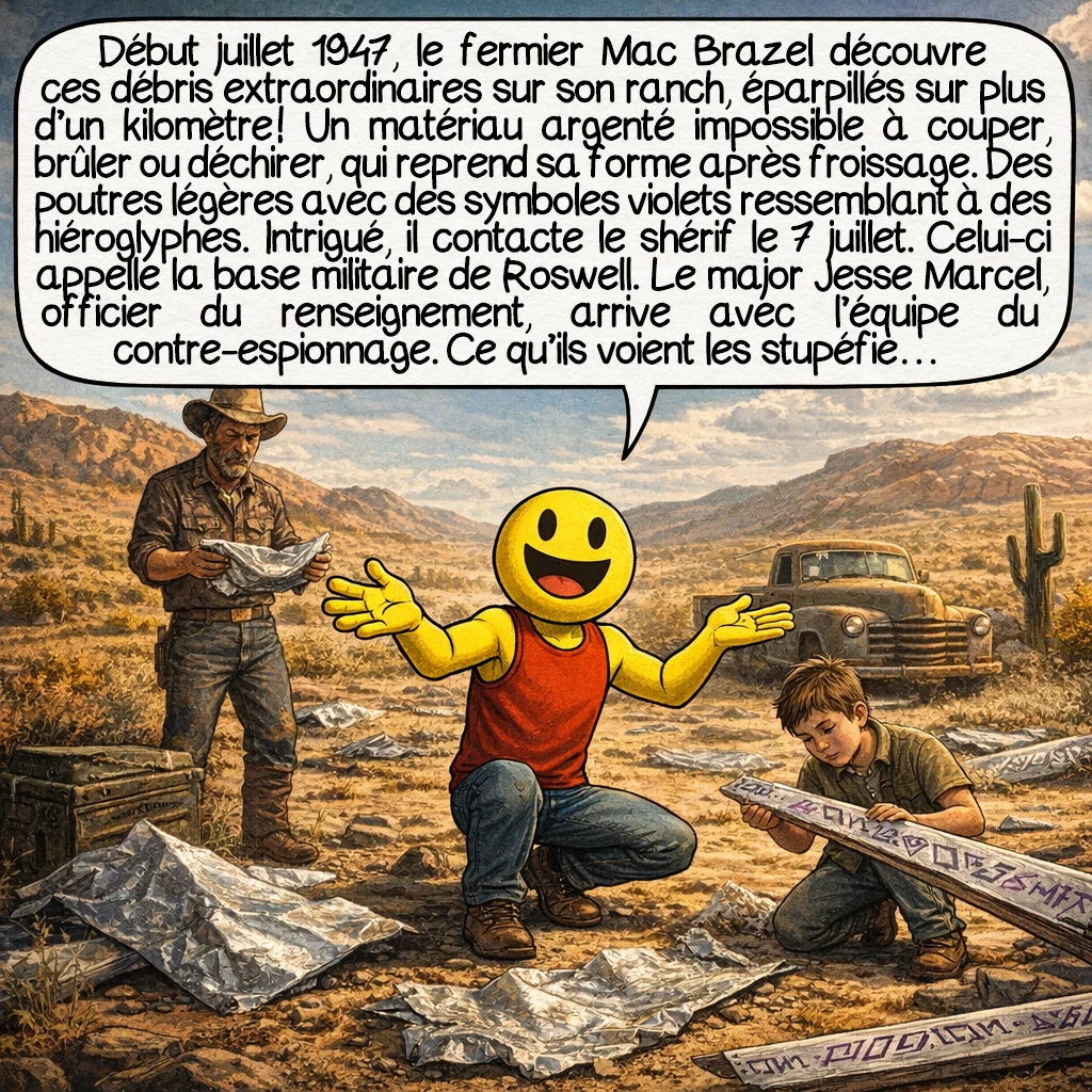 L’affaire de Roswell, case 3 : Début juillet 1947, le fermier Mac Brazel découvre ces débris extraordinaires sur son ranch, éparpillés sur plus d’un kilomètre ! Un matériau argenté impossible à couper, brûler ou déchirer, qui reprend sa forme après froissage. Des poutres légères avec des symboles violets ressemblant à des hiéroglyphes. Intrigué, il contacte le shérif le 7 juillet. Celui-ci appelle la base militaire de Roswell. Le major Jesse Marcel, officier du renseignement, arrive avec l’équipe du contre-espionnage. Ce qu’ils voient les stupéfie…