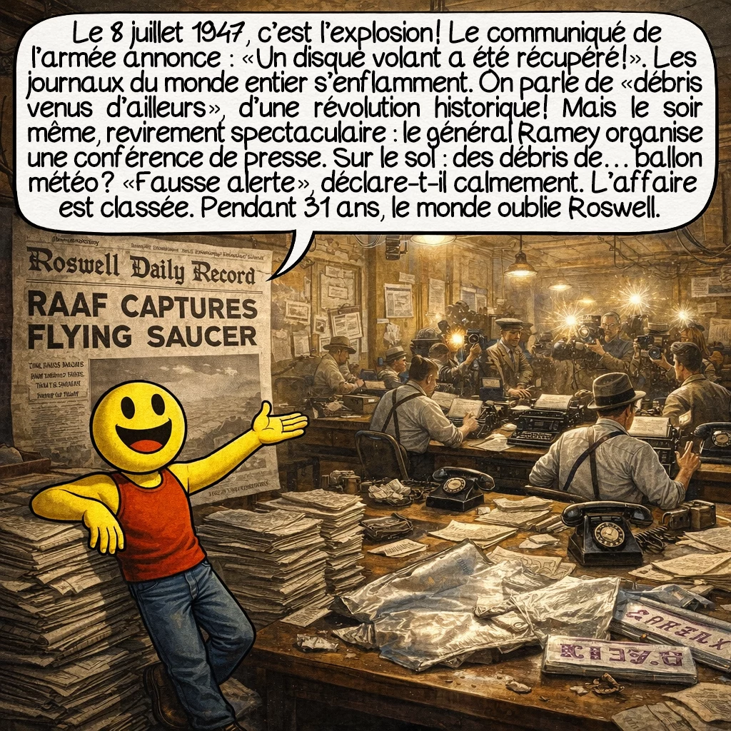 L’affaire de Roswell, case 4 : Le 8 juillet 1947, c’est l’explosion ! Le communiqué de l’armée annonce : « Un disque volant a été récupéré ! » Les journaux du monde entier s’enflamment. On parle de « débris venus d’ailleurs », d’une révolution historique ! Mais le soir même, revirement spectaculaire : le général Ramey organise une conférence de presse. Sur le sol : des débris de… ballon météo ? « Fausse alerte », déclare-t-il calmement. L’affaire est classée. Pendant 31 ans, le monde oublie Roswell.