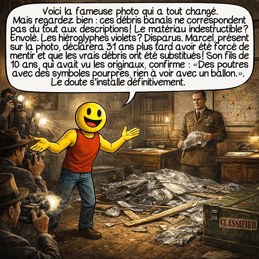L’affaire de Roswell, case 5 : Voici la fameuse photo qui a tout changé. Mais regardez bien : ces débris banals ne correspondent pas du tout aux descriptions ! Le matériau indestructible ? Envolé. Les hiéroglyphes violets ? Disparus. Marcel, présent sur la photo, déclarera 31 ans plus tard avoir été forcé de mentir et que les vrais débris ont été substitués ! Son fils de 10 ans, qui avait vu les originaux, confirme : « Des poutres avec des symboles pourpres, rien à voir avec un ballon. » Le doute s’installe définitivement.