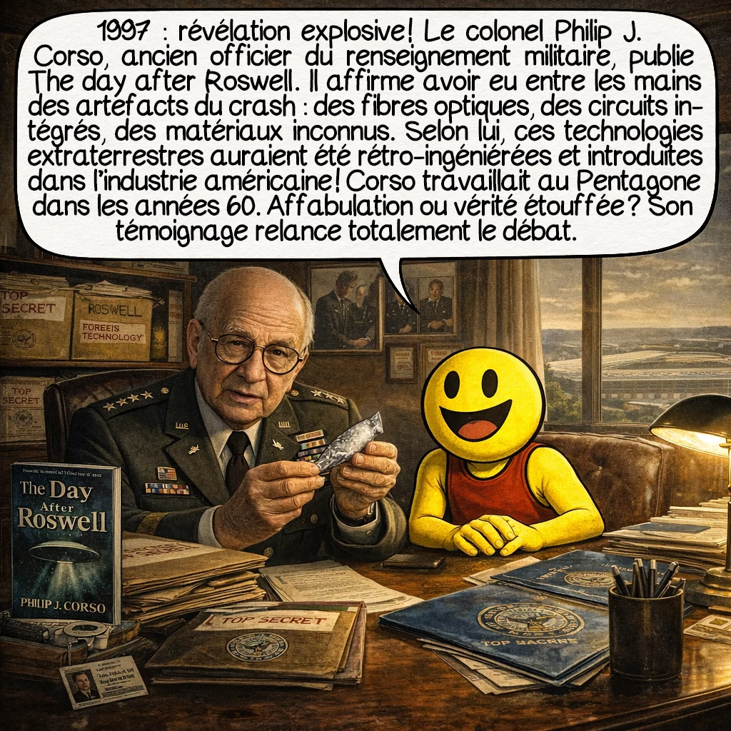 L’affaire de Roswell, case 6 : 1997 : révélation explosive ! Le colonel Philip J. Corso, ancien officier du renseignement militaire, publie « The Day After Roswell ». Il affirme avoir eu entre les mains des artefacts du crash : des fibres optiques, des circuits intégrés, des matériaux inconnus. Selon lui, ces technologies extraterrestres auraient été rétro-engineerées et introduites dans l’industrie américaine ! Corso travaillait au Pentagone dans les années 60. Affabulation ou vérité étouffée ? Son témoignage relance totalement le débat.