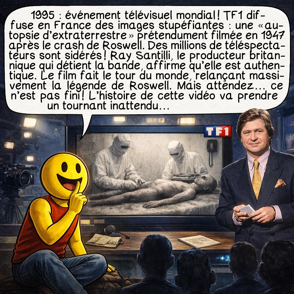 L’affaire de Roswell, case 7 : 1995 : événement télévisuel mondial ! TF1 diffuse en France des images stupéfiantes : une « autopsie d’extraterrestre » prétendument filmée en 1947 après le crash de Roswell. Des millions de téléspectateurs sont sidérés ! Ray Santilli, le producteur britannique qui détient la bande, affirme qu’elle est authentique. Le film fait le tour du monde, relançant massivement la légende de Roswell. Mais attendez… ce n’est pas fini ! L’histoire de cette vidéo va prendre un tournant inattendu…