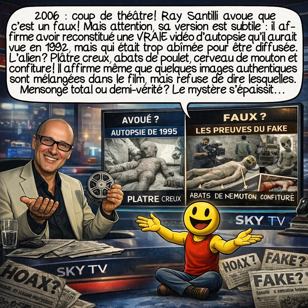 L’affaire de Roswell, case 8 : 2006 : coup de théâtre ! Ray Santilli avoue enfin… que c’est un faux ! Mais attention, sa version est subtile : il affirme avoir reconstitué une VRAIE vidéo d’autopsie qu’il aurait vue en 1992, mais qui était trop abîmée pour être diffusée. L’alien ? Plâtre creux, abats de poulet, cerveau de mouton et confiture ! Il affirme même que quelques frames authentiques sont mélangées dans le film, mais refuse de dire lesquelles. Mensonge total ou demi-vérité ? Le mystère s’épaissit encore…