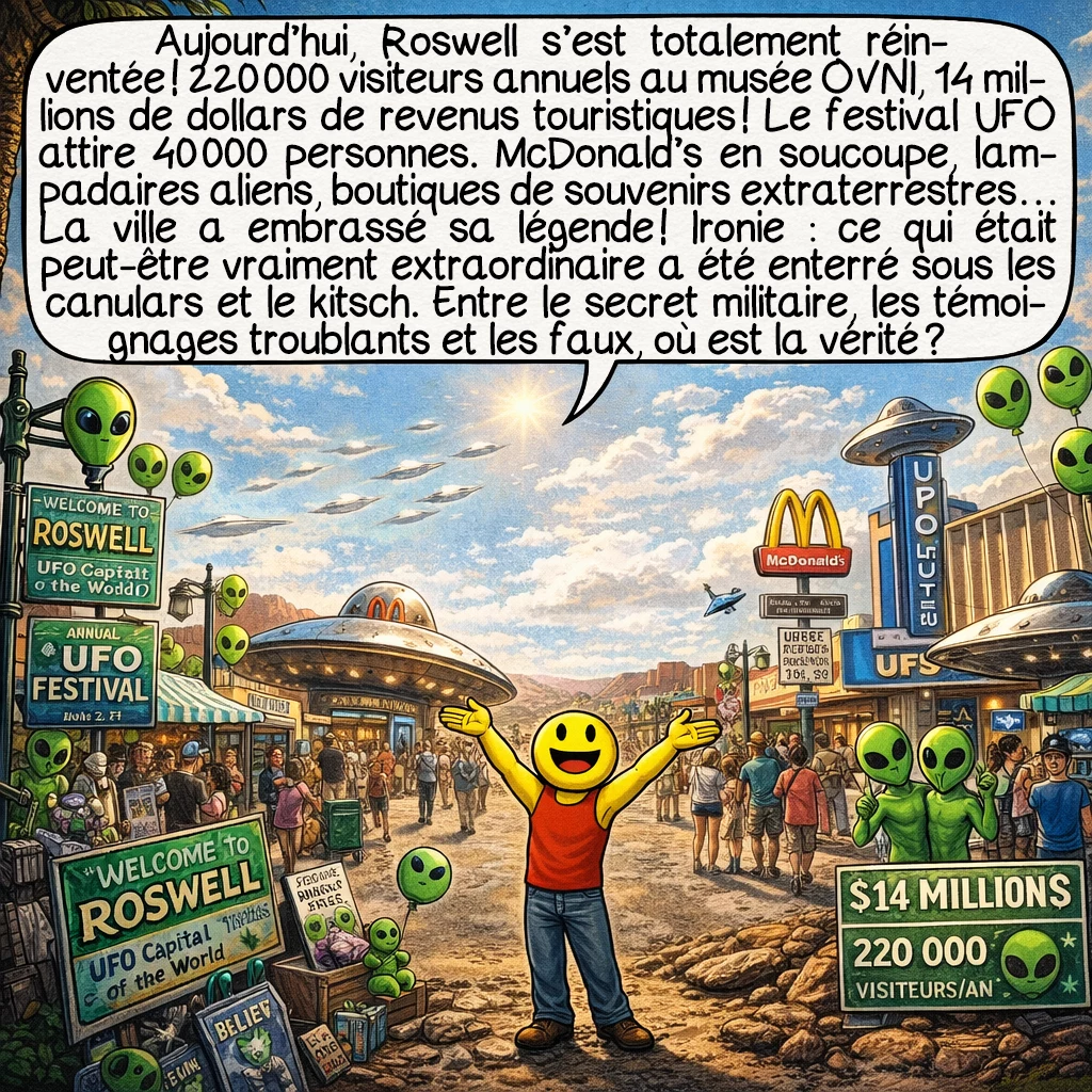 L’affaire de Roswell, case 9 : Aujourd’hui, Roswell s’est totalement réinventée ! 220 000 visiteurs annuels au musée OVNI, 14 millions de dollars de revenus touristiques ! Le festival UFO attire 40 000 personnes. McDonald’s en soucoupe, lampadaires aliens, boutiques de souvenirs extraterrestres… La ville a embrassé sa légende ! Ironie : ce qui était peut-être vraiment extraordinaire a été enterré sous les canulars et le kitsch. Entre le secret militaire, les témoignages troublants et les faux, où est la vérité ?