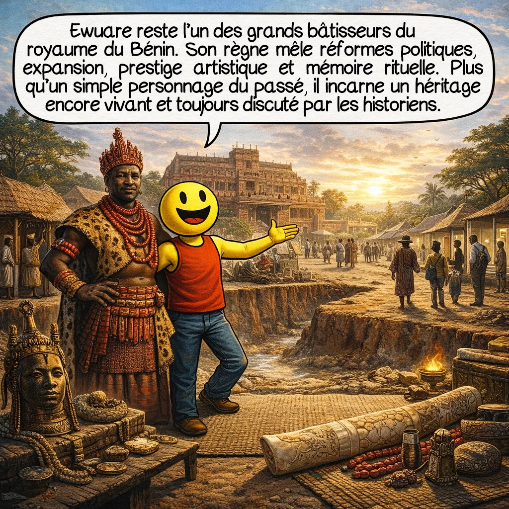 Ewuare, case 10 : Ewuare reste l’un des grands bâtisseurs du royaume du Bénin. Son règne mêle réformes politiques, expansion, prestige artistique et mémoire rituelle. Plus qu’un simple personnage du passé, il incarne un héritage encore vivant et toujours discuté par les historiens.
