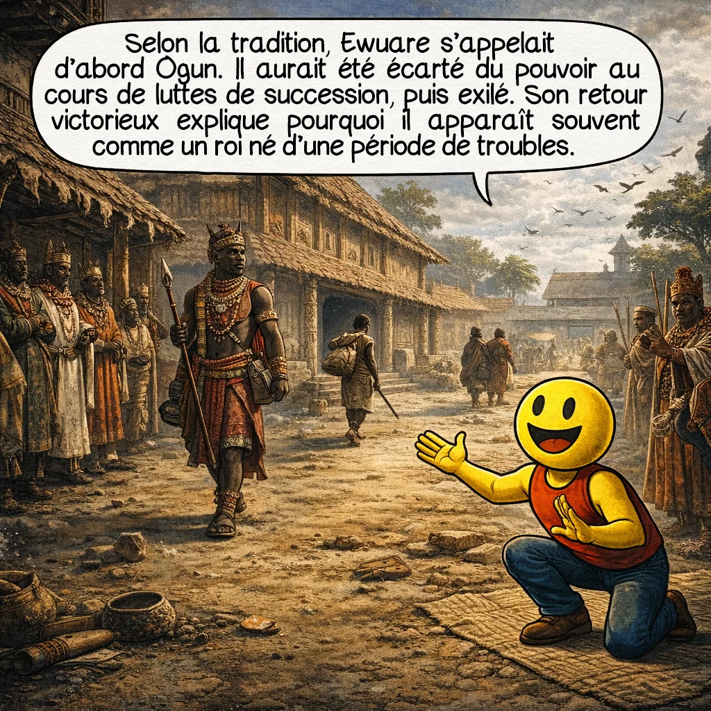 Ewuare, case 2 : Selon la tradition, Ewuare s’appelait d’abord Ogun. Il aurait été écarté du pouvoir au cours de luttes de succession, puis exilé. Son retour victorieux explique pourquoi il apparaît souvent comme un roi né d’une période de troubles.