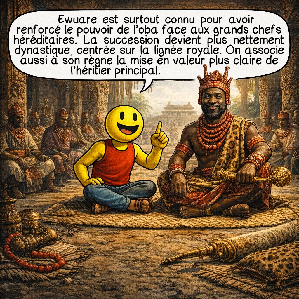 Ewuare, case 3 : Ewuare est surtout connu pour avoir renforcé le pouvoir de l’oba face aux grands chefs héréditaires. La succession devient plus nettement dynastique, centrée sur la lignée royale. On associe aussi à son règne la mise en valeur plus claire de l’héritier principal.