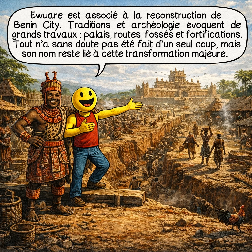 Ewuare, case 4 : Ewuare est étroitement lié à la reconstruction de Benin City. Les traditions et l’archéologie évoquent de grands travaux : palais, voies, fossés et fortifications. Même si tout n’a sans doute pas été réalisé en une seule fois, son nom reste attaché à cette transformation urbaine majeure.