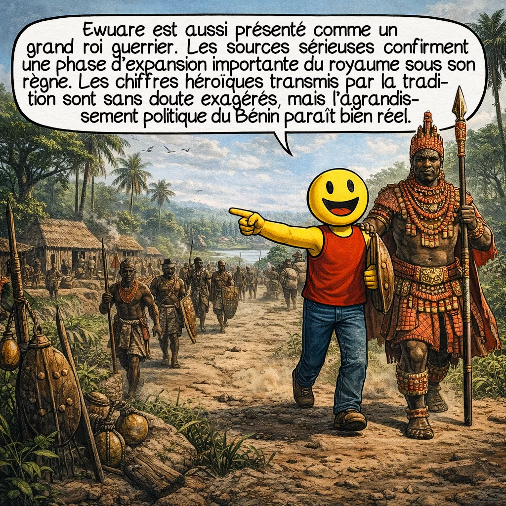Ewuare, case 5 : Ewuare est aussi présenté comme un grand roi guerrier. Les sources sérieuses confirment une phase d’expansion importante du royaume sous son règne. Les chiffres héroïques transmis par la tradition sont sans doute exagérés, mais l’agrandissement politique du Bénin paraît bien réel.