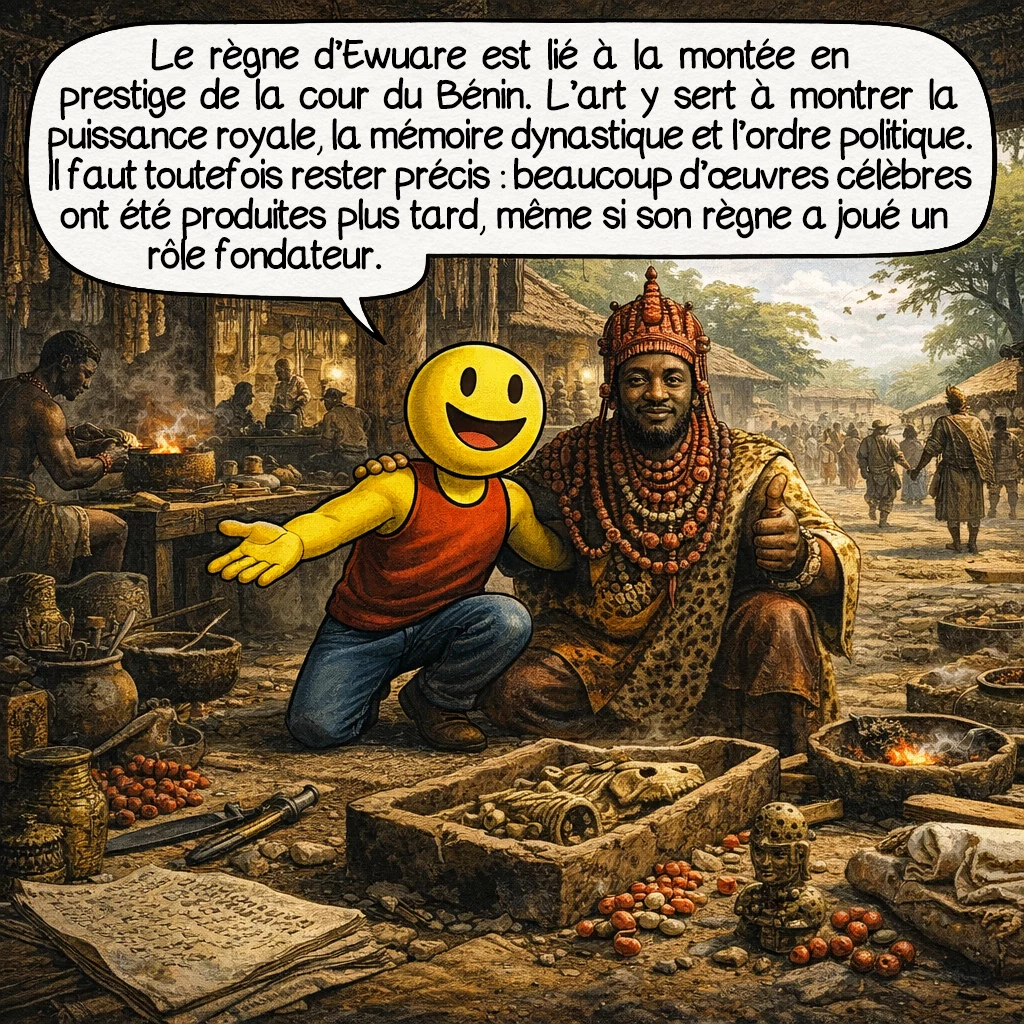Ewuare, case 6 : Le règne d’Ewuare est lié à la montée en prestige de la cour du Bénin. L’art y sert à montrer la puissance royale, la mémoire dynastique et l’ordre politique. Il faut toutefois rester précis : beaucoup d’œuvres célèbres ont été produites plus tard, même si son règne a joué un rôle fondateur.