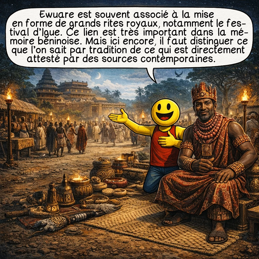 Ewuare, case 7 : Ewuare est souvent associé à la mise en forme de grands rites royaux, notamment le festival d’Igue. Ce lien est très important dans la mémoire béninoise. Mais ici encore, il faut distinguer ce que l’on sait par tradition de ce qui est directement attesté par des sources contemporaines.