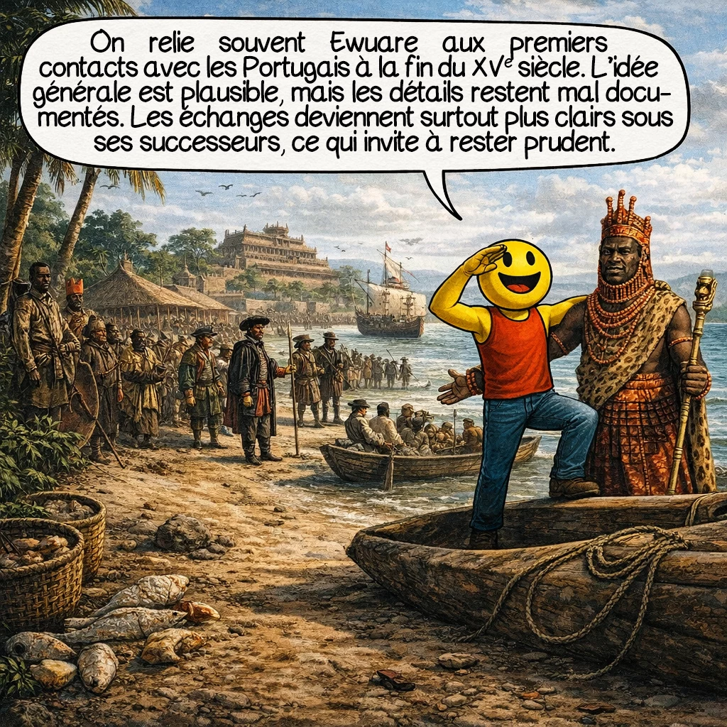 Ewuare, case 8 : On relie souvent Ewuare aux premiers contacts avec les Portugais à la fin du XVe siècle. L’idée générale est plausible, mais les détails restent mal documentés. Les échanges deviennent surtout plus clairs sous ses successeurs, ce qui invite à rester prudent.