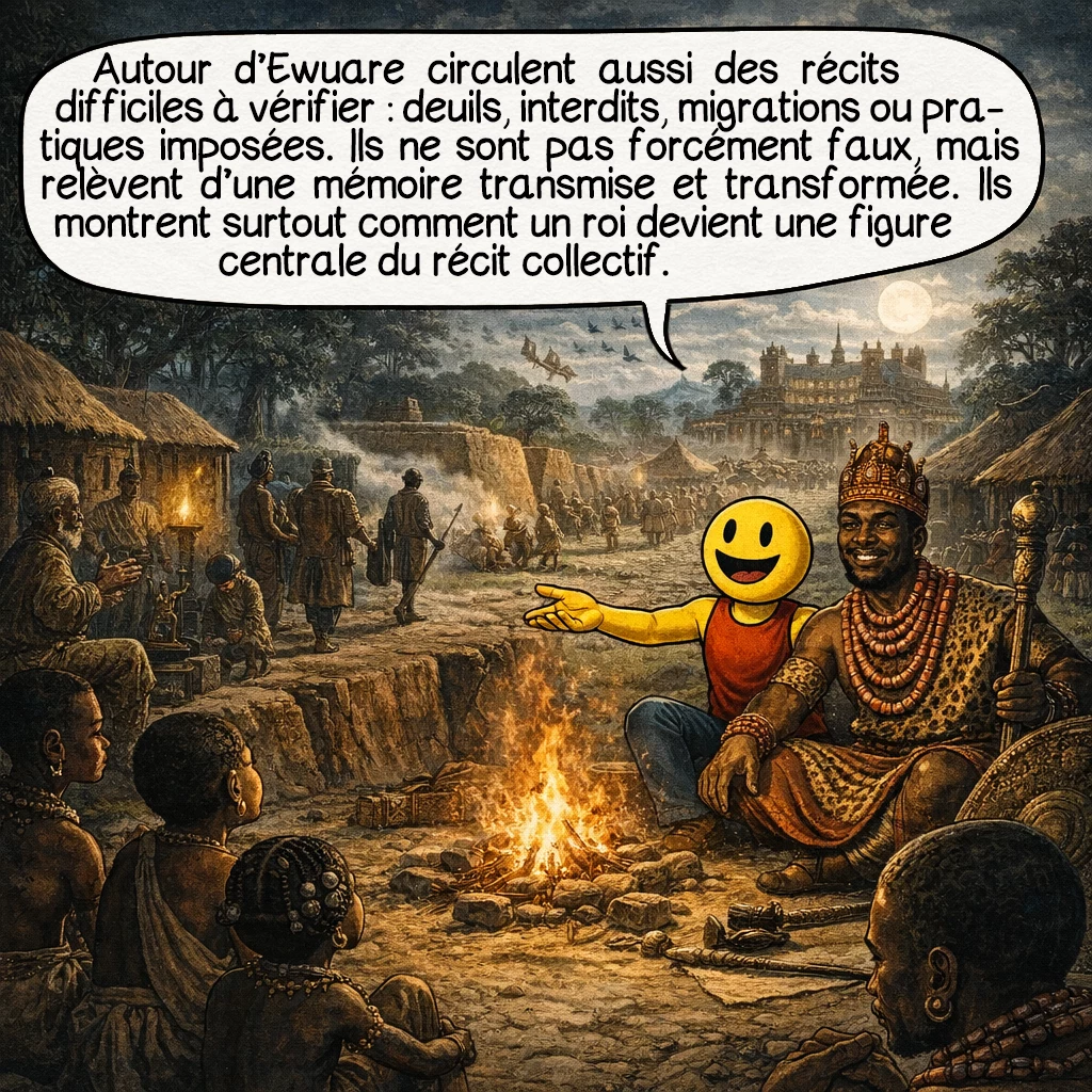Ewuare, case 9 : Autour d’Ewuare circulent aussi des récits plus difficiles à vérifier : grands deuils, interdits sociaux, migrations ou pratiques imposées. Ces histoires ne sont pas forcément fausses, mais elles appartiennent souvent à une mémoire transmise et transformée. Elles montrent surtout comment un roi peut devenir une figure centrale du récit collectif.