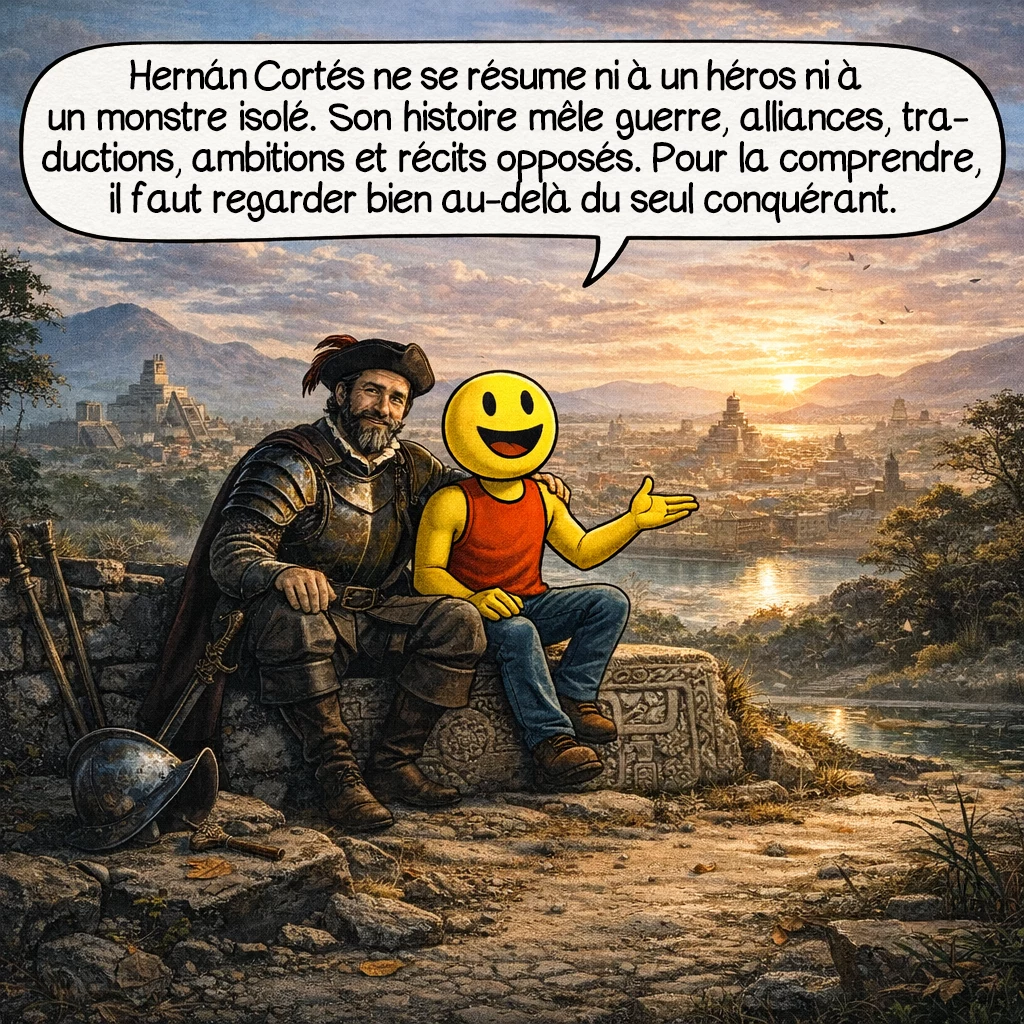 Hernán Cortés, case 10 : Hernán Cortés ne se résume ni à un héros ni à un monstre isolé. Son histoire mêle guerre, alliances, traductions, ambitions et récits opposés. Pour la comprendre, il faut regarder bien au-delà du seul conquérant.