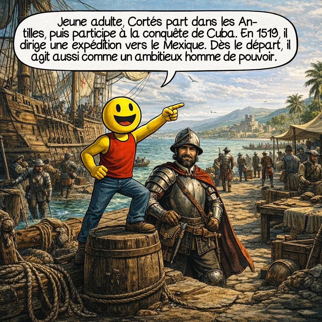 Hernán Cortés, case 2 : Jeune adulte, Cortés part dans les Antilles, puis participe à la conquête de Cuba. En 1519, il dirige une expédition vers le Mexique. Dès le départ, il agit aussi comme un ambitieux homme de pouvoir.