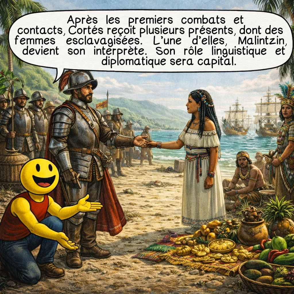 Hernán Cortés, case 3 : Après les premiers combats et contacts, Cortés reçoit plusieurs présents, dont des femmes esclavagisées. L’une d’elles, Malintzin, devient son interprète. Son rôle linguistique et diplomatique sera capital.