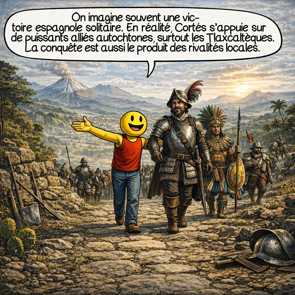 Hernán Cortés, case 4 : On imagine souvent une victoire espagnole solitaire. En réalité, Cortés s’appuie sur de puissants alliés autochtones, surtout les Tlaxcaltèques. La conquête est aussi le produit des rivalités locales.