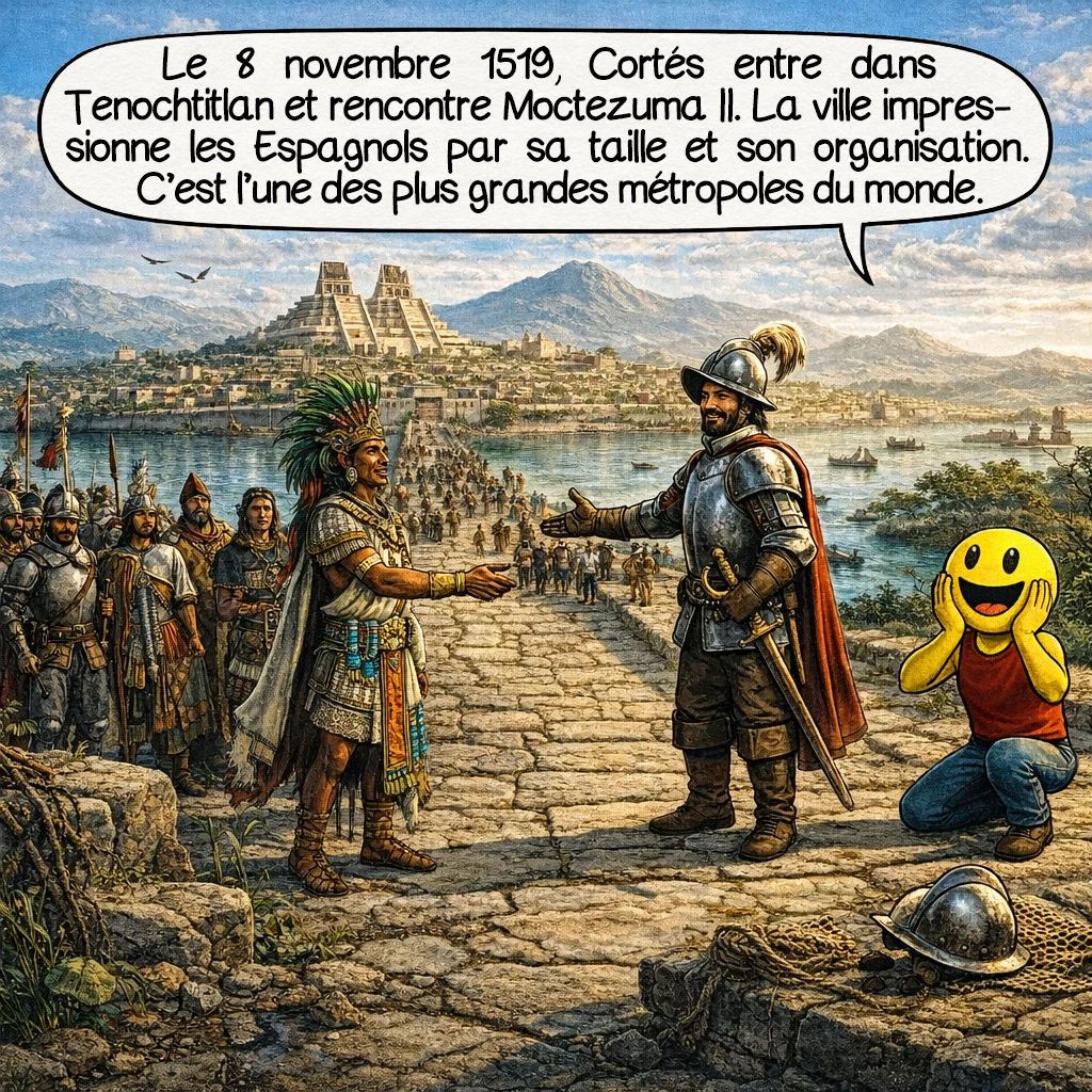 Hernán Cortés, case 5 : Le 8 novembre 1519, Cortés entre dans Tenochtitlan et rencontre Moctezuma II. La ville impressionne les Espagnols par sa taille et son organisation. C’est alors l’une des plus grandes métropoles du monde.