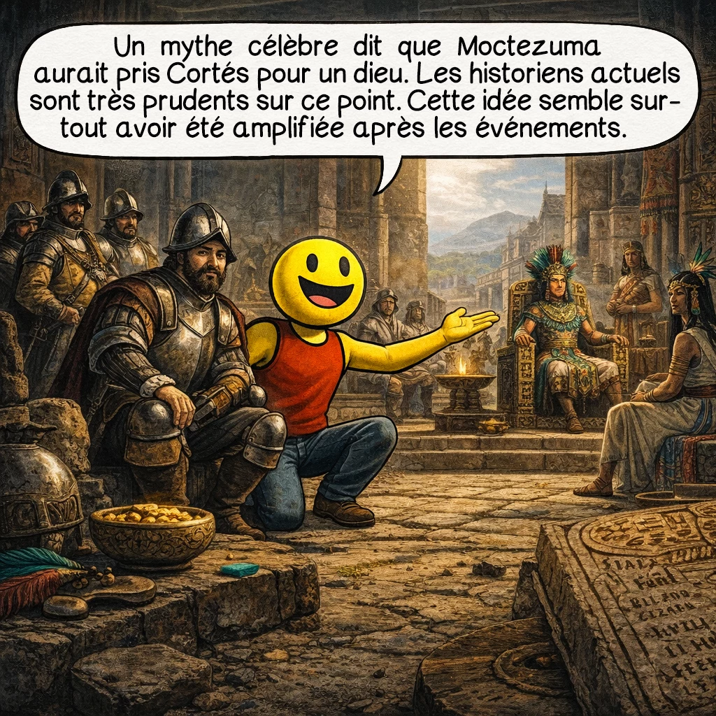 Hernán Cortés, case 6 : Un mythe célèbre dit que Moctezuma aurait pris Cortés pour un dieu. Les historiens actuels sont très prudents sur ce point. Cette idée semble surtout avoir été amplifiée après les événements.