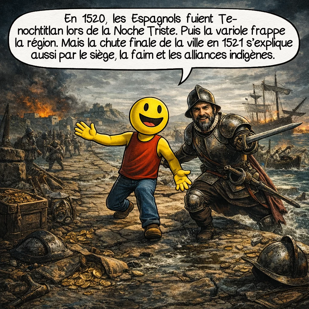 Hernán Cortés, case 7 : En 1520, les Espagnols fuient Tenochtitlan lors de la Noche Triste. Puis la variole frappe la région. Mais la chute finale de la ville en 1521 s’explique aussi par le siège, la faim et les alliances indigènes.