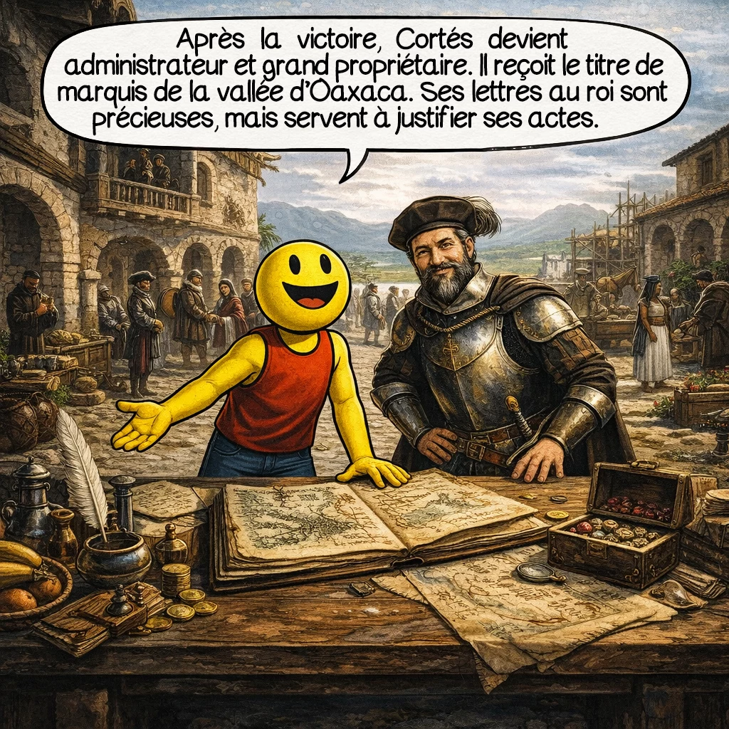 Hernán Cortés, case 8 : Après la victoire, Cortés devient administrateur et grand propriétaire. Il reçoit le titre de marquis de la vallée d’Oaxaca. Ses lettres au roi sont précieuses, mais elles servent aussi à justifier ses actes.
