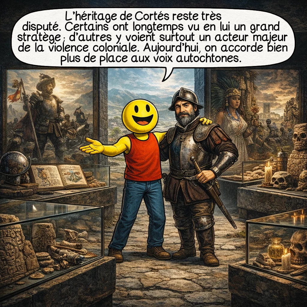 Hernán Cortés, case 9 : L’héritage de Cortés reste très disputé. Certains ont longtemps vu en lui un grand stratège ; d’autres y voient surtout un acteur majeur de la violence coloniale. Aujourd’hui, on accorde bien plus de place aux voix autochtones.