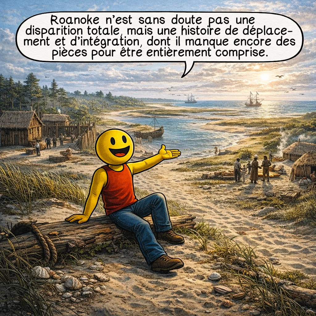 La colonie de Roanoke, case 10 : Roanoke n’est sans doute pas une disparition totale, mais une histoire de déplacement et d’intégration, dont il manque encore des pièces pour être entièrement comprise.