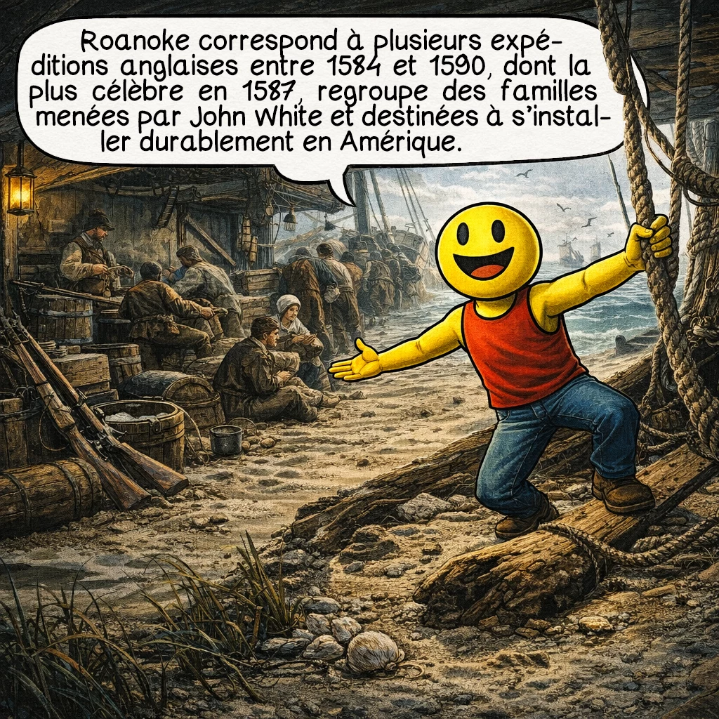 La colonie de Roanoke, case 2 : Roanoke correspond à plusieurs expéditions anglaises entre 1584 et 1590, dont la plus célèbre en 1587, regroupe des familles menées par John White et destinées à s’installer durablement en Amérique.