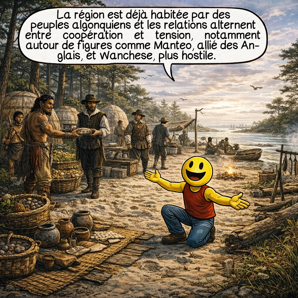 La colonie de Roanoke, case 3 : La région est déjà habitée par des peuples algonquiens et les relations alternent entre coopération et tension, notamment autour de figures comme Manteo, allié des Anglais, et Wanchese, plus hostile.