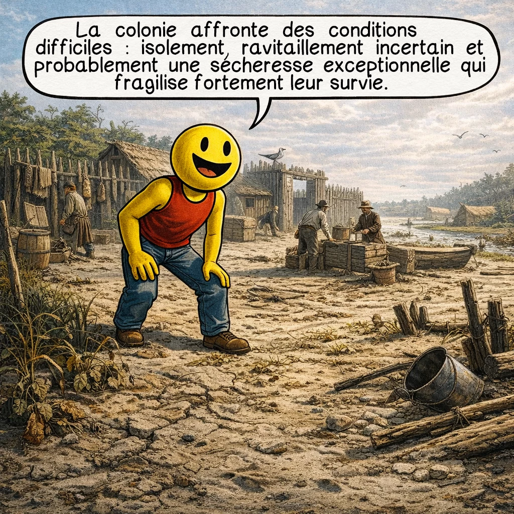 La colonie de Roanoke, case 4 : La colonie affronte des conditions difficiles : isolement, ravitaillement incertain et probablement une sécheresse exceptionnelle qui fragilise fortement leur survie.