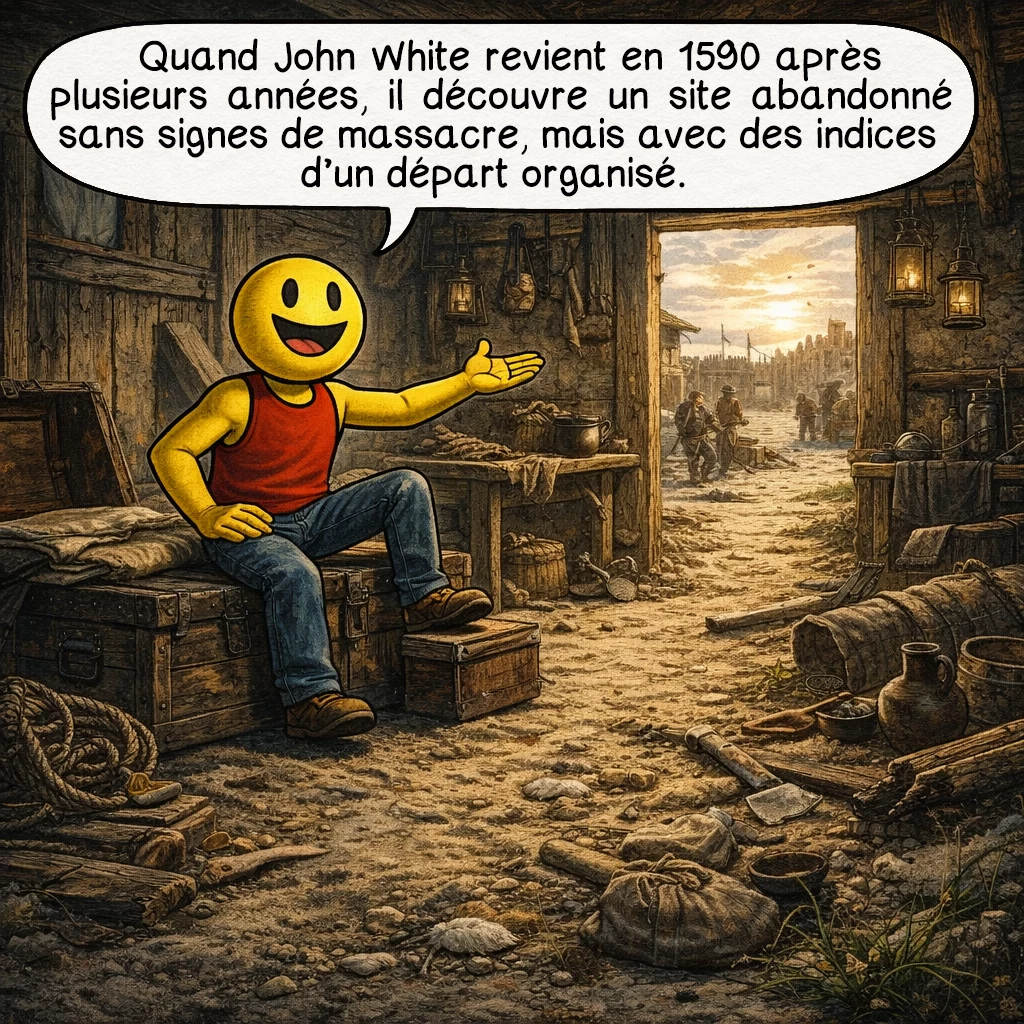 La colonie de Roanoke, case 5 : Quand John White revient en 1590 après plusieurs années, il découvre un site abandonné sans signes de massacre, mais avec des indices d’un départ organisé.