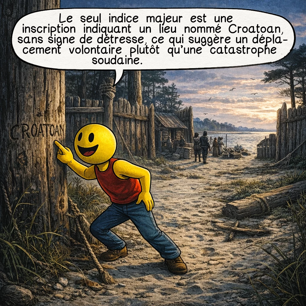 La colonie de Roanoke, case 6 : Le seul indice majeur est une inscription indiquant un lieu nommé Croatoan, sans signe de détresse, ce qui suggère un déplacement volontaire plutôt qu’une catastrophe soudaine.