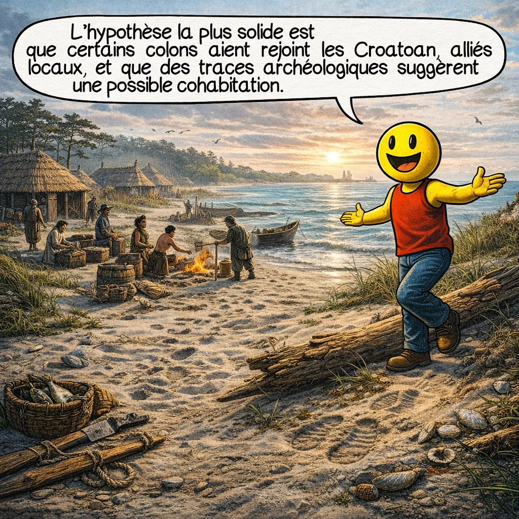 La colonie de Roanoke, case 7 : L’hypothèse la plus solide est que certains colons aient rejoint les Croatoan, alliés locaux, et que des traces archéologiques suggèrent une possible cohabitation.