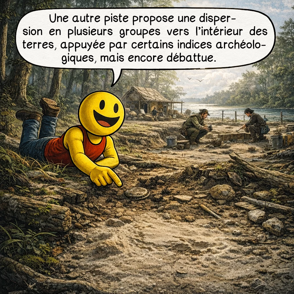 La colonie de Roanoke, case 8 : Une autre piste propose une dispersion en plusieurs groupes vers l’intérieur des terres, appuyée par certains indices archéologiques, mais encore débattue.