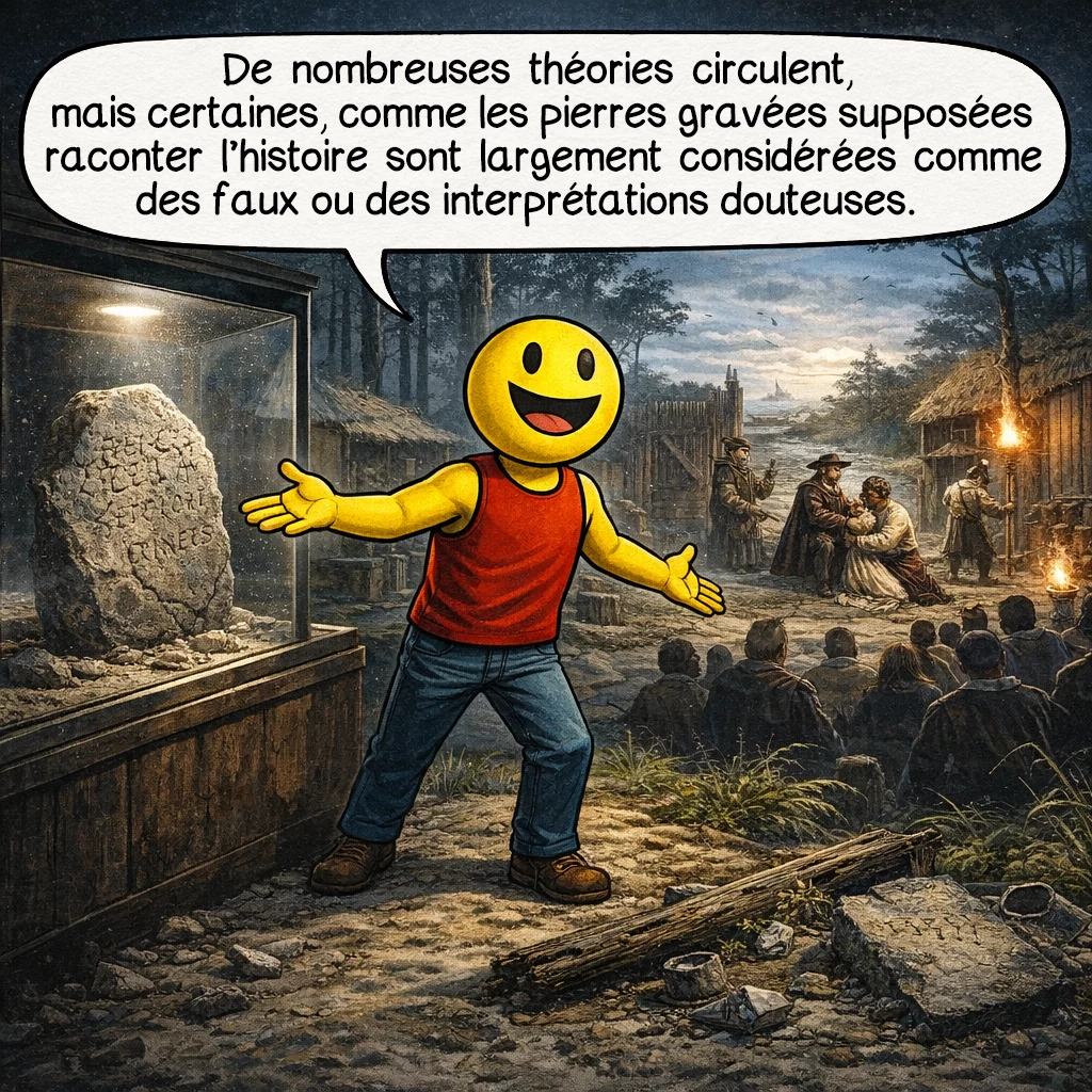 La colonie de Roanoke, case 9 : De nombreuses théories circulent, mais certaines, comme les pierres gravées supposées raconter l’histoire sont largement considérées comme des faux ou des interprétations douteuses.