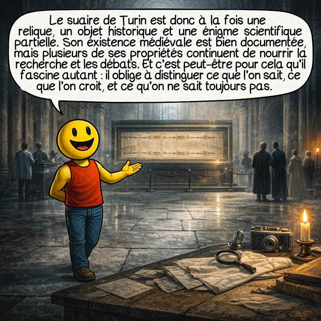 Le suaire de Turin, case 10 : Le suaire de Turin est donc à la fois une relique, un objet historique et une énigme scientifique partielle. Son existence médiévale est bien documentée, mais plusieurs de ses propriétés continuent de nourrir la recherche et les débats. Et c’est peut-être pour cela qu’il fascine autant : il oblige à distinguer ce que l’on sait, ce que l’on croit, et ce qu’on ne sait toujours pas.