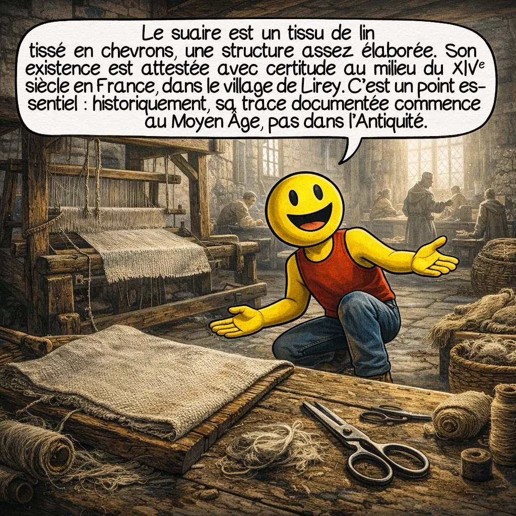 Le suaire de Turin, case 2 : Le suaire est un tissu de lin tissé en chevrons, une structure assez élaborée. Son existence est attestée avec certitude au milieu du XIVe siècle en France, dans le village de Lirey. C’est un point essentiel : historiquement, sa trace documentée commence au Moyen Âge, pas dans l’Antiquité.