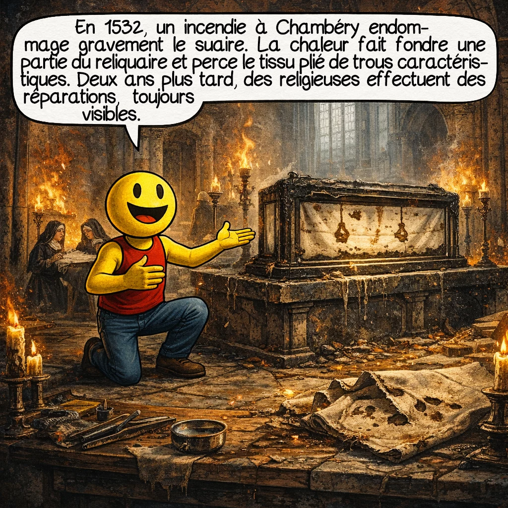 Le suaire de Turin, case 4 : En 1532, un incendie à Chambéry endommage gravement le suaire. La chaleur fait fondre une partie du reliquaire et perce le tissu plié de trous caractéristiques. Deux ans plus tard, des religieuses effectuent des réparations, visibles encore aujourd’hui sur l’objet.