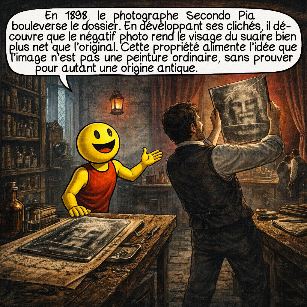 Le suaire de Turin, case 5 : En 1898, le photographe Secondo Pia bouleverse le dossier. En développant ses clichés, il découvre que le négatif photo rend le visage du suaire bien plus net que l’original. Cette propriété alimente l’idée que l’image n’est pas une peinture ordinaire, sans prouver pour autant une origine antique.