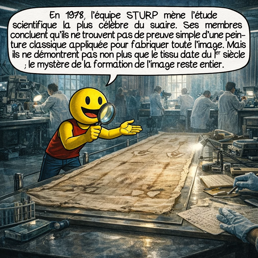 Le suaire de Turin, case 6 : En 1978, l’équipe STURP mène l’étude scientifique la plus célèbre du suaire. Ses membres concluent qu’ils ne trouvent pas de preuve simple d’une peinture classique appliquée pour fabriquer toute l’image. Mais ils ne démontrent pas non plus que le tissu date du Ier siècle : le mystère de la formation de l’image reste entier.