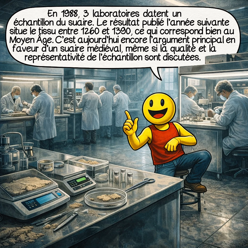 Le suaire de Turin, case 7 : En 1988, trois laboratoires datent au radiocarbone un échantillon du suaire. Le résultat publié l’année suivante situe le tissu entre 1260 et 1390, ce qui correspond bien au Moyen Âge. C’est aujourd’hui encore l’argument principal en faveur d’un suaire médiéval, même si la qualité et la représentativité de l’échantillon continuent d’être discutées.