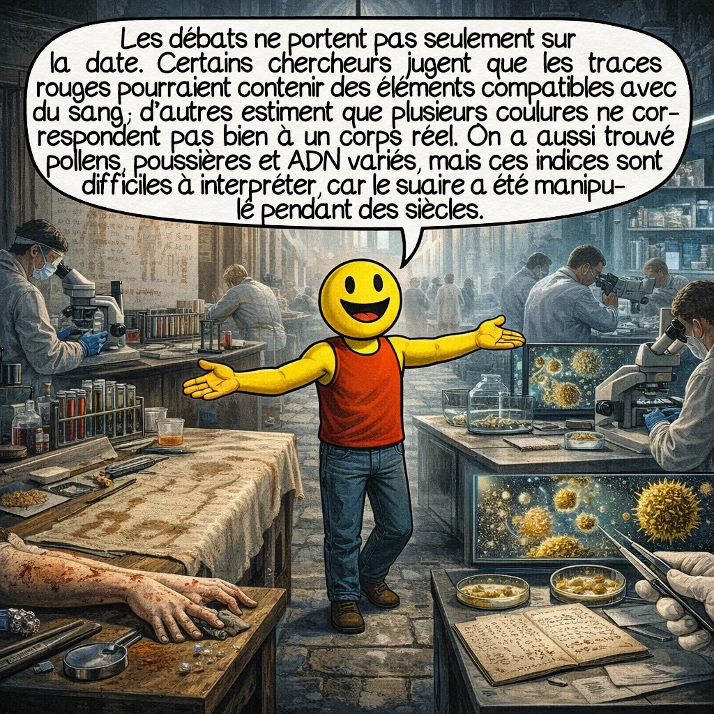Le suaire de Turin, case 8 : Les débats ne portent pas seulement sur la date. Certains chercheurs jugent que les traces rouges pourraient contenir des éléments compatibles avec du sang ; d’autres estiment que plusieurs coulures ne correspondent pas bien à un corps réel. On a aussi trouvé pollens, poussières et ADN variés, mais ces indices sont difficiles à interpréter, car le suaire a été manipulé pendant des siècles.