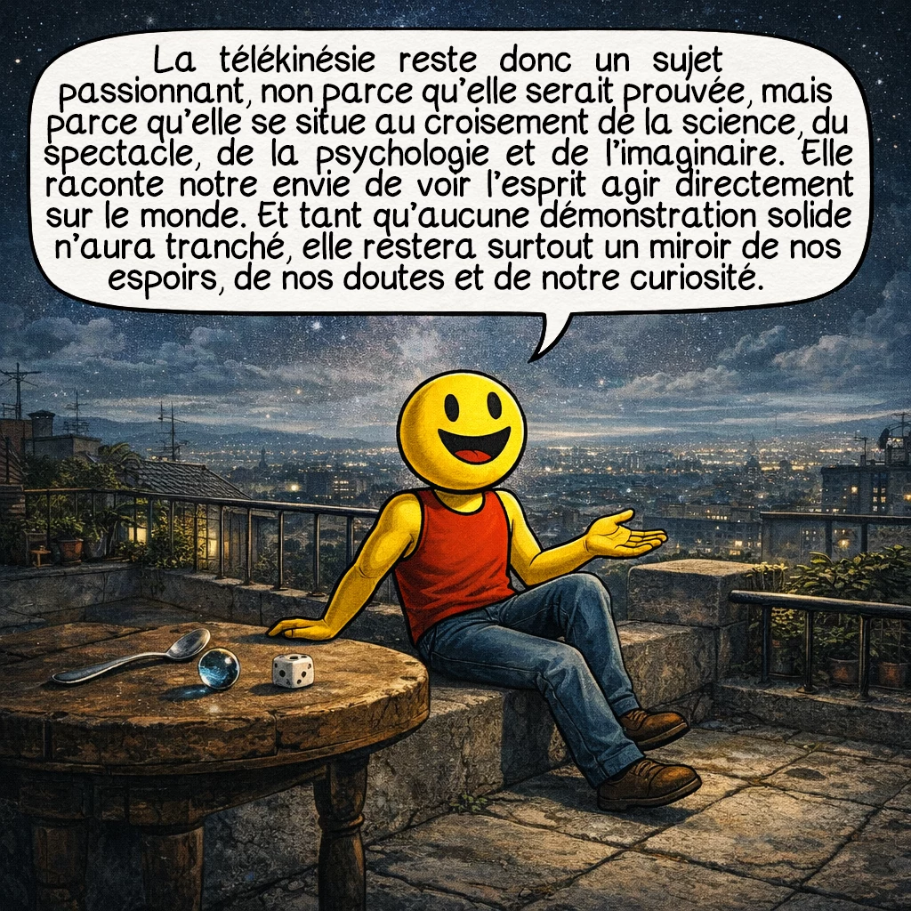 La télékinésie, case 10 : La télékinésie reste donc un sujet passionnant, non parce qu’elle serait prouvée, mais parce qu’elle se situe au croisement de la science, du spectacle, de la psychologie et de l’imaginaire. Elle raconte notre envie de voir l’esprit agir directement sur le monde. Et tant qu’aucune démonstration solide n’aura tranché, elle restera surtout un miroir de nos espoirs, de nos doutes et de notre curiosité.
