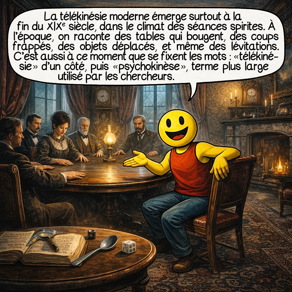 La télékinésie, case 2 : La télékinésie moderne émerge surtout à la fin du XIXe siècle, dans le climat des séances spirites. À l’époque, on raconte des tables qui bougent, des coups frappés, des objets déplacés, et même des lévitations. C’est aussi à ce moment que se fixent les mots : « télékinésie » d’un côté, puis « psychokinèse », terme plus large utilisé par les chercheurs.