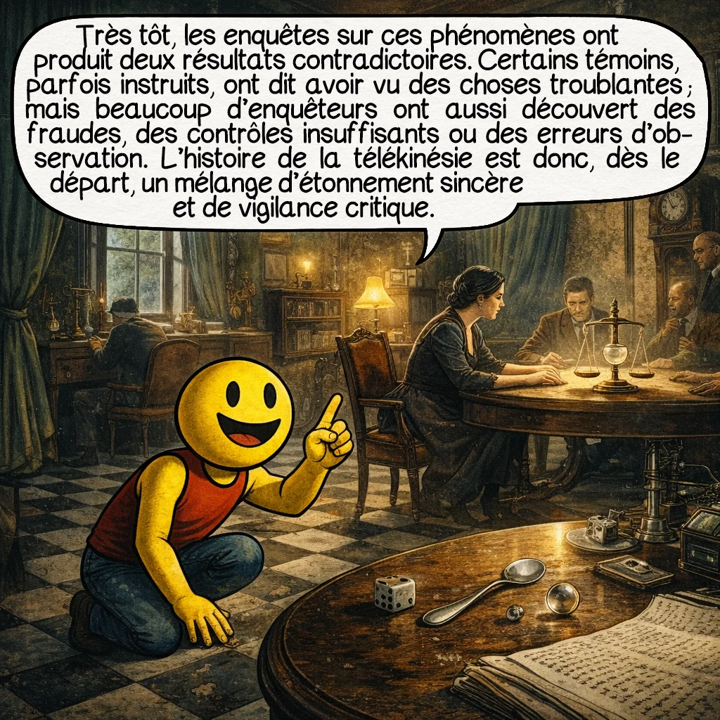 La télékinésie, case 3 : Très tôt, les enquêtes sur ces phénomènes ont produit deux résultats contradictoires. Certains témoins, parfois instruits, ont dit avoir vu des choses troublantes ; mais beaucoup d’enquêteurs ont aussi découvert des fraudes, des contrôles insuffisants ou des erreurs d’observation. L’histoire de la télékinésie est donc, dès le départ, un mélange d’étonnement sincère et de vigilance critique.