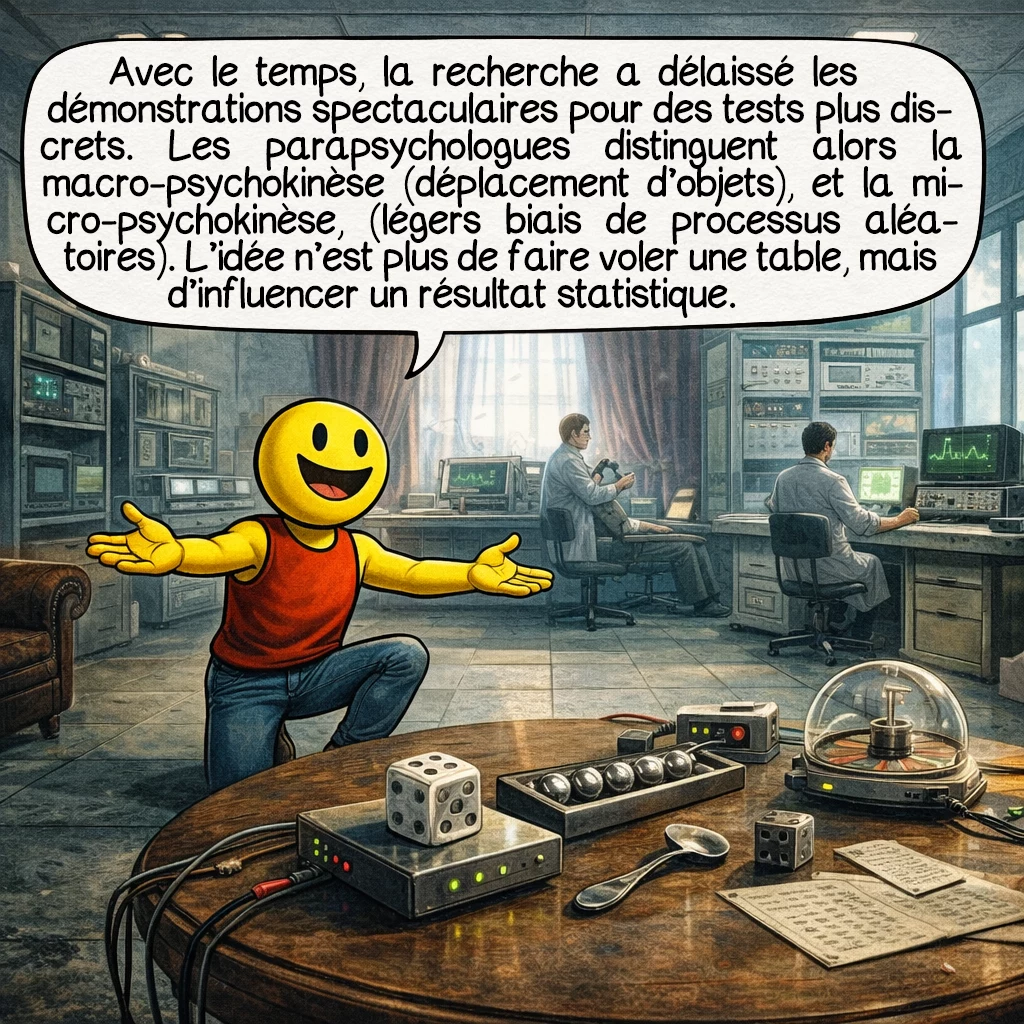 La télékinésie, case 4 : Avec le temps, la recherche a quitté les grandes démonstrations spectaculaires pour des tests plus discrets. Les parapsychologues distinguent alors la macro-psychokinèse, censée déplacer visiblement des objets, et la micro-psychokinèse, qui chercherait seulement à biaiser très légèrement des processus aléatoires. L’idée n’est plus forcément de faire voler une table, mais d’influencer un résultat statistique.
