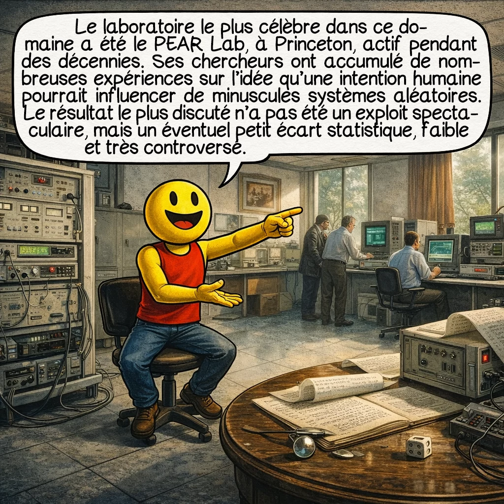 La télékinésie, case 5 : Le laboratoire le plus célèbre dans ce domaine a été le PEAR Lab, à Princeton, actif pendant des décennies. Ses chercheurs ont accumulé de nombreuses expériences sur l’idée qu’une intention humaine pourrait influencer de minuscules systèmes aléatoires. Le résultat le plus discuté n’a pas été un exploit spectaculaire, mais un éventuel petit écart statistique, faible et très controversé.